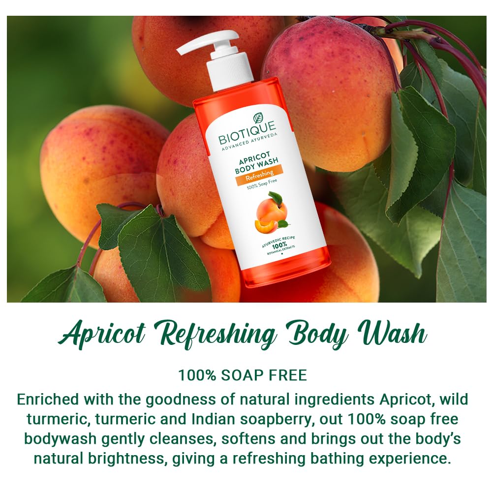 Biotique Gel Douche Rafraîchissant Abricot 300ml, Illumine & Adoucit la Peau, Extraits Botaniques 100% Naturels, Gel Apaisant pour Tous Types de Peau