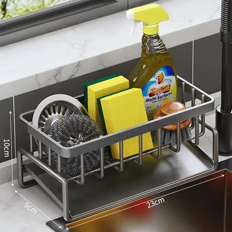 Over-sink dish rack organizer, rustproof steel sponge holder with soap dispenser and sponge shelf, no-drill clamp mount design