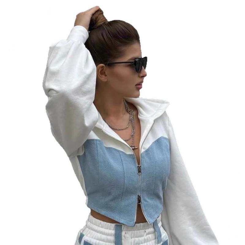 Womens Casual Hooded Sweatshirt Pants Set With Denim Patchwork Long Sleeve 2026