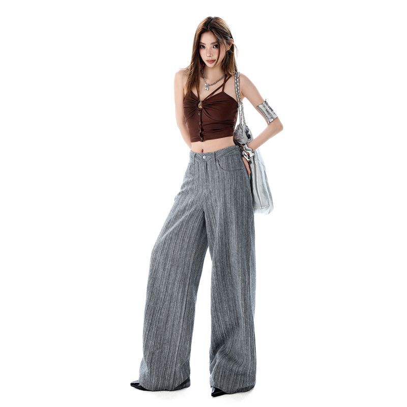 Spring Summer Thin Linen Cotton Textured Cool Drape Relaxed Wide Leg Casual Denim Pants For Ladies Casual Pants Oversize Denim Trousers