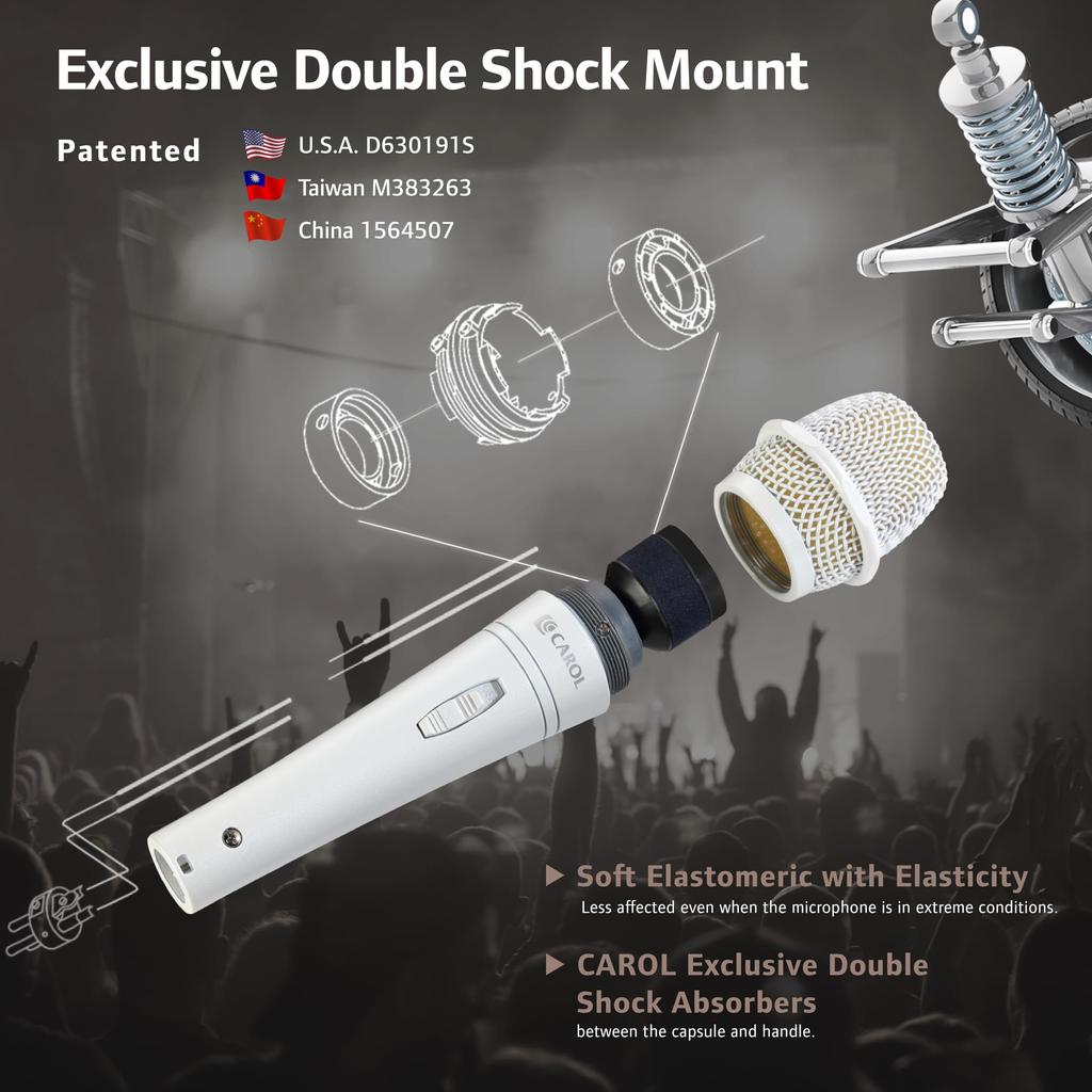 CAROL E dur-916S White Microphone, XLR Microphone, Dynamic Microphone, Unidirectional Microphone with XLR Cable, Low Noise Recording, Singing, Live