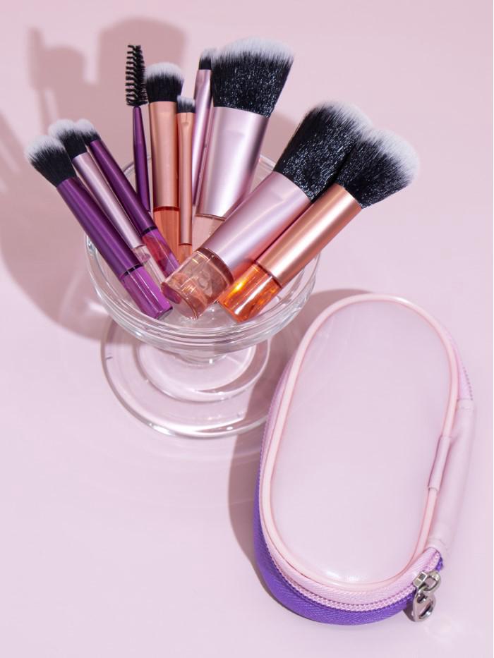 10-Piece Beginner Mini Makeup Brush Set with Crystal Handles - Portable Travel Kit with Brush Bag