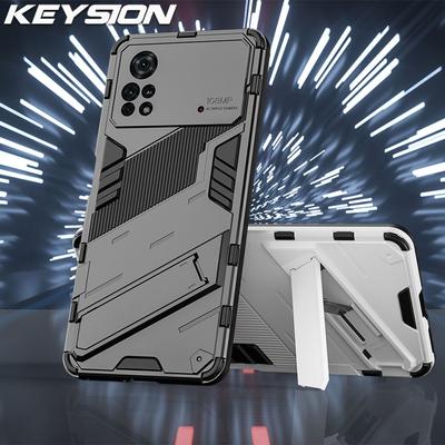 KEYSION Stoßfeste Rüstungshülle für Xiaomi POCO X4 Pro 5G, Silikon + PC-Ständer, Telefonrückseite für POCO M4 Pro 4G