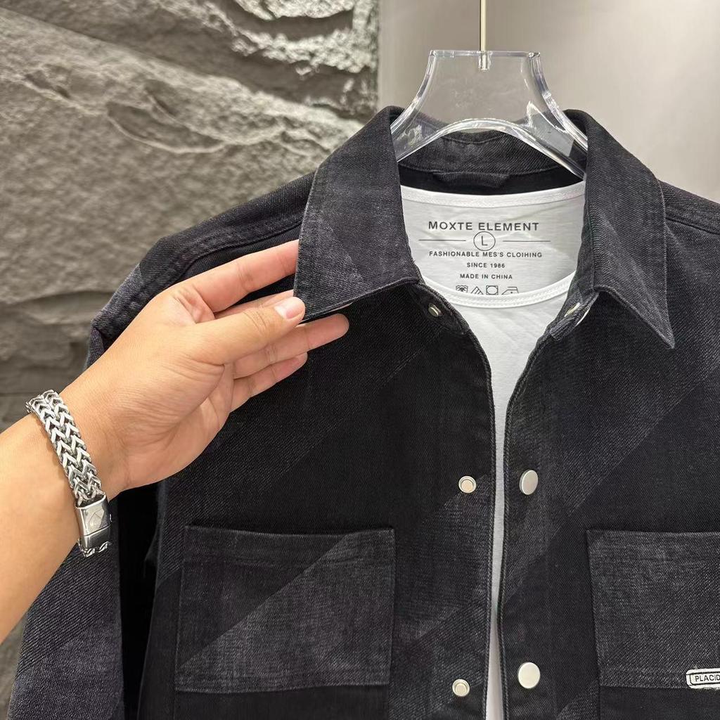 The Same Senger Fashion Men'S Autumn New Lapel Denim Jacket Personality Dark Flower Gradual Change Color Korean Version Tide