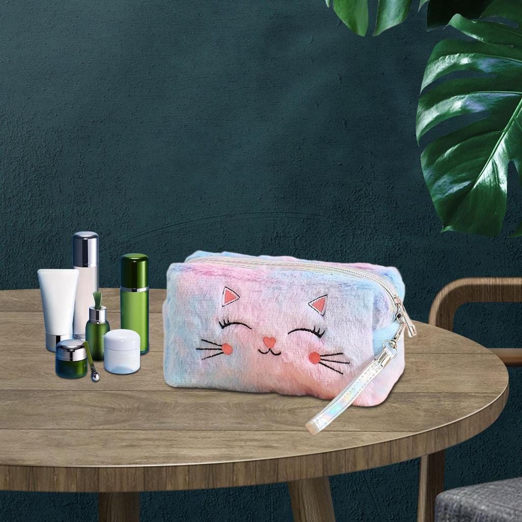 Cute Cat Plush Cosmetic Bag for Women Girls Multifunctional Brushes Storage Travel Portable