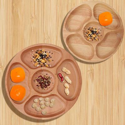 Round Divided Plate Snack Divided Plate Wooden Round Shape Food Divided Plate Dessert Snack Sub Grid Dish Tableware Tray