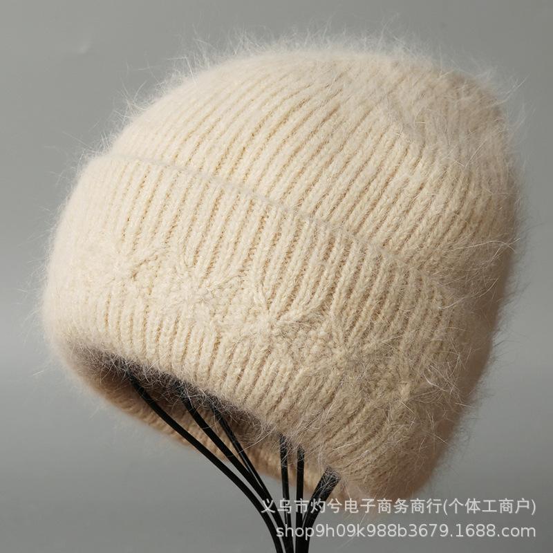 Autumn and Winter New Rabbit Fur Knitted Hat Warm Thickened Large Head Circumference Plush Ear Protection Wool Hat Women's Versatile Leisure