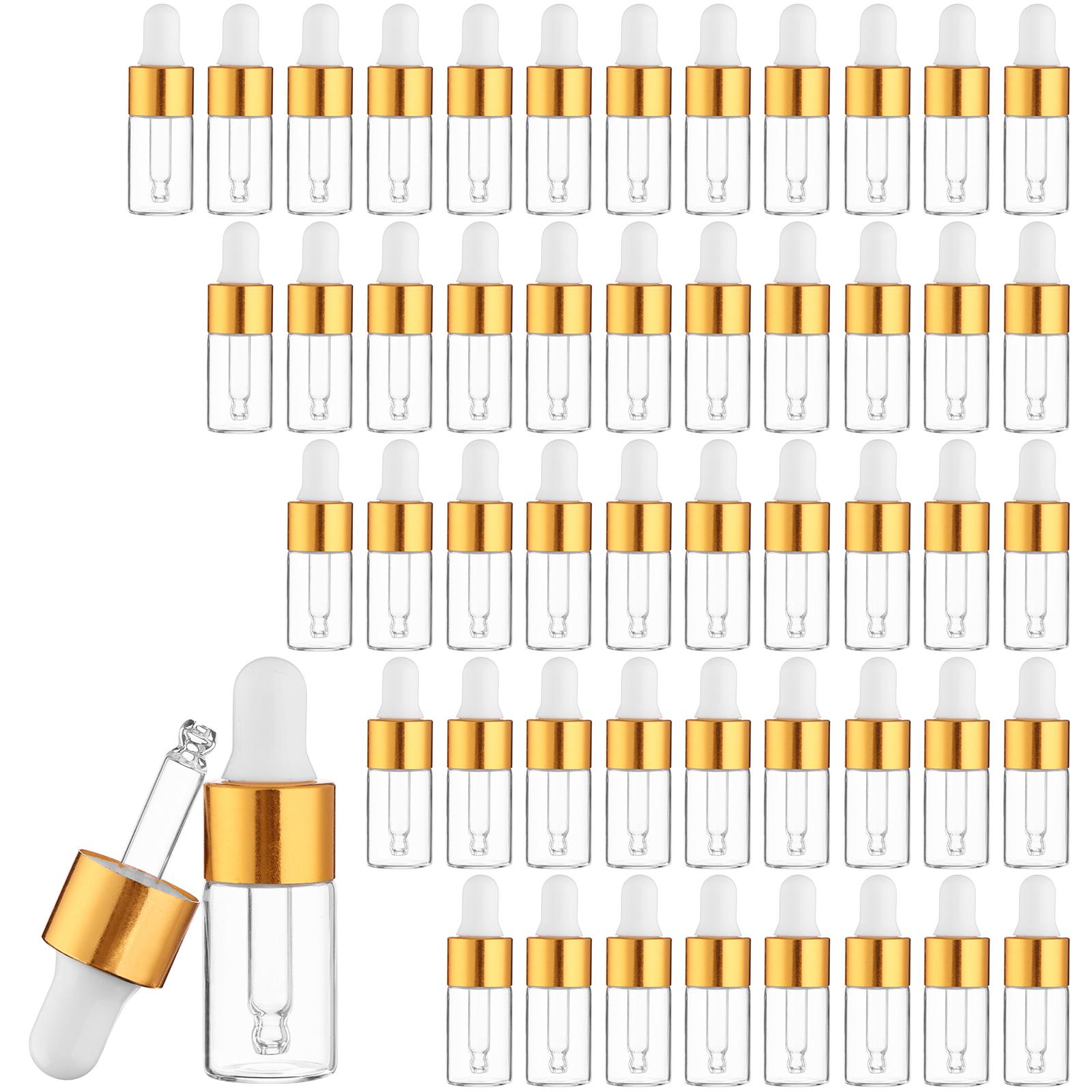 

Beautywen Міні-пляшка-крапельниця для ефірних олій, 50 шт., 3 мл прозора скляна крапельниця-крапельниця з золотистим кільцем золотий