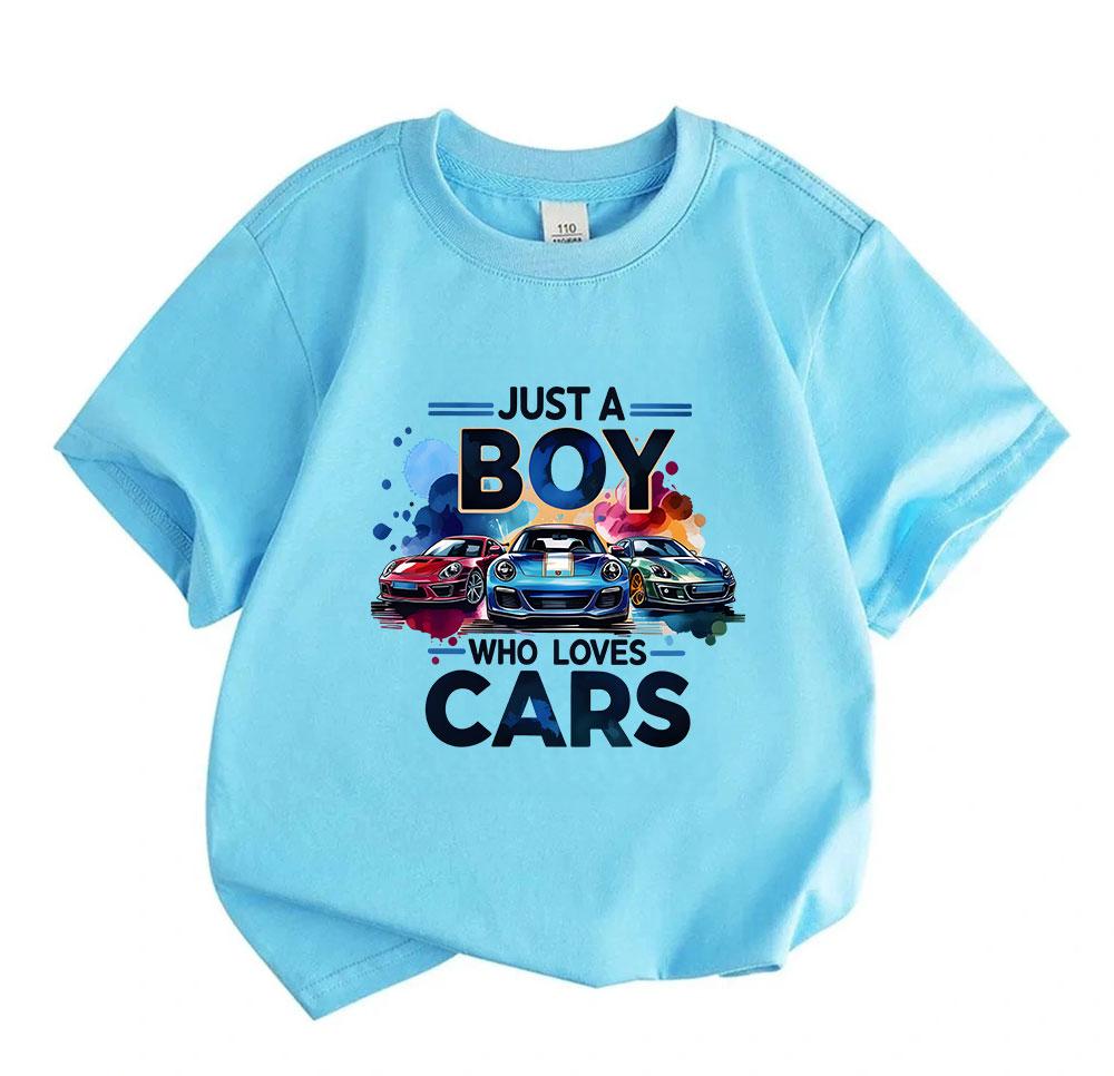 Cute Kids Boys Girls 100% Cotton Short Sleeve Crew Neck T-Shirt, Just A Boy Who Loves Cars Printed Casual Soft Tees For Children Racing Car Lover Gift