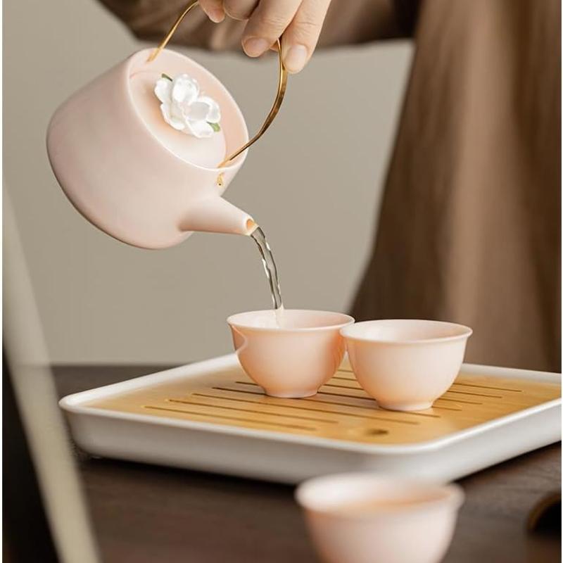 Chinese Porcelain Tea Set, Pink Kungfu Teapot Set with 1 Teapot, 4 Tea Cups, 1 Tea Tray, Golden Handle Tea Pot Teasets for Home Tea Party Women Gift