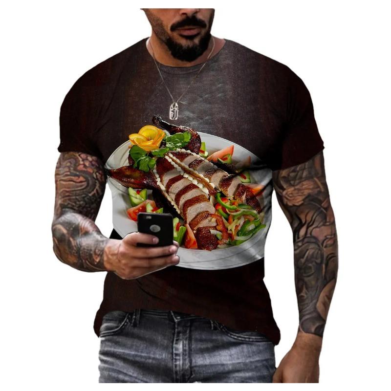 Summer Round Neck 3D Food Pattern Print Top Fashionable Casual Hip Hop Short Sleeved Men's T-shirts