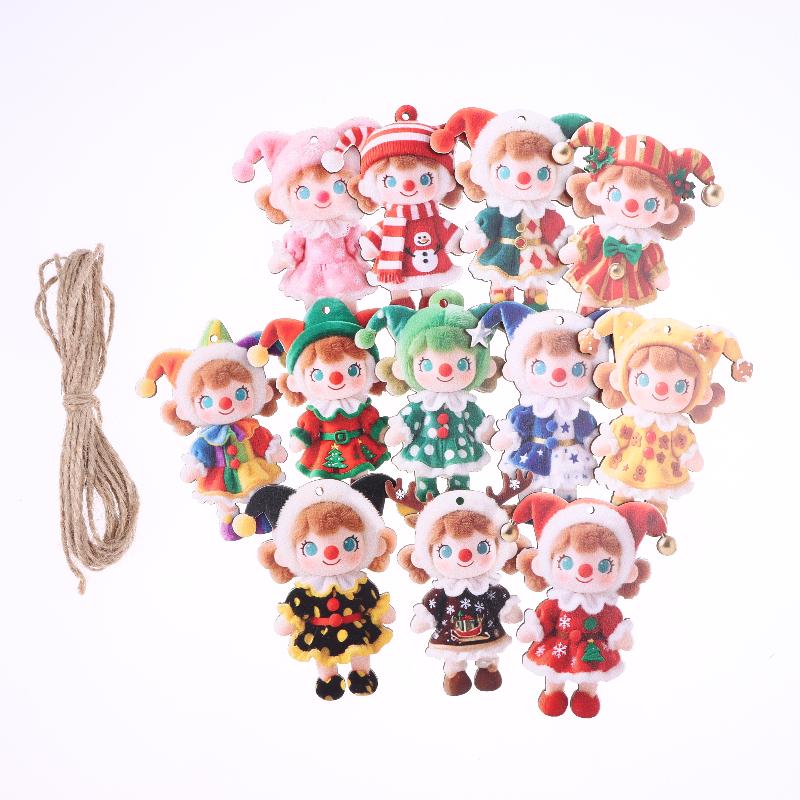

12/24Pcs Colorful Christmas Doll Pendants 2D Printed Wooden Ornaments Courtyard And Festival Party Decorations