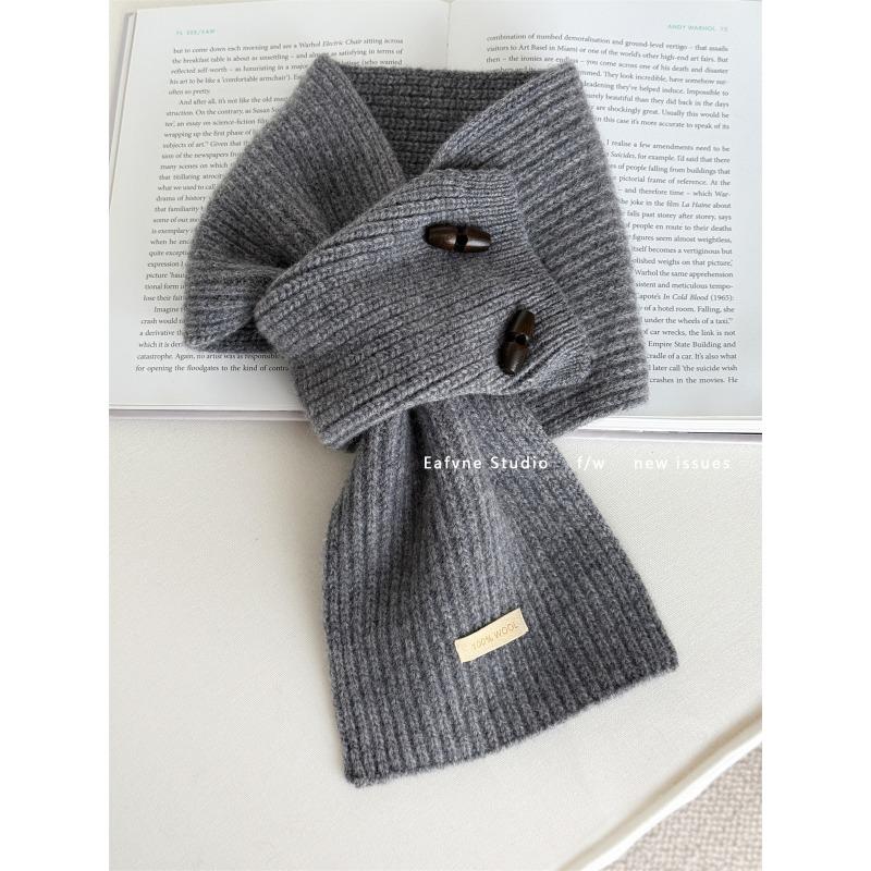 Pure Wool Horn Button Scarf Solid Color Small Scarf Cross Ladies Lazy Warm Autumn and Winter Collar