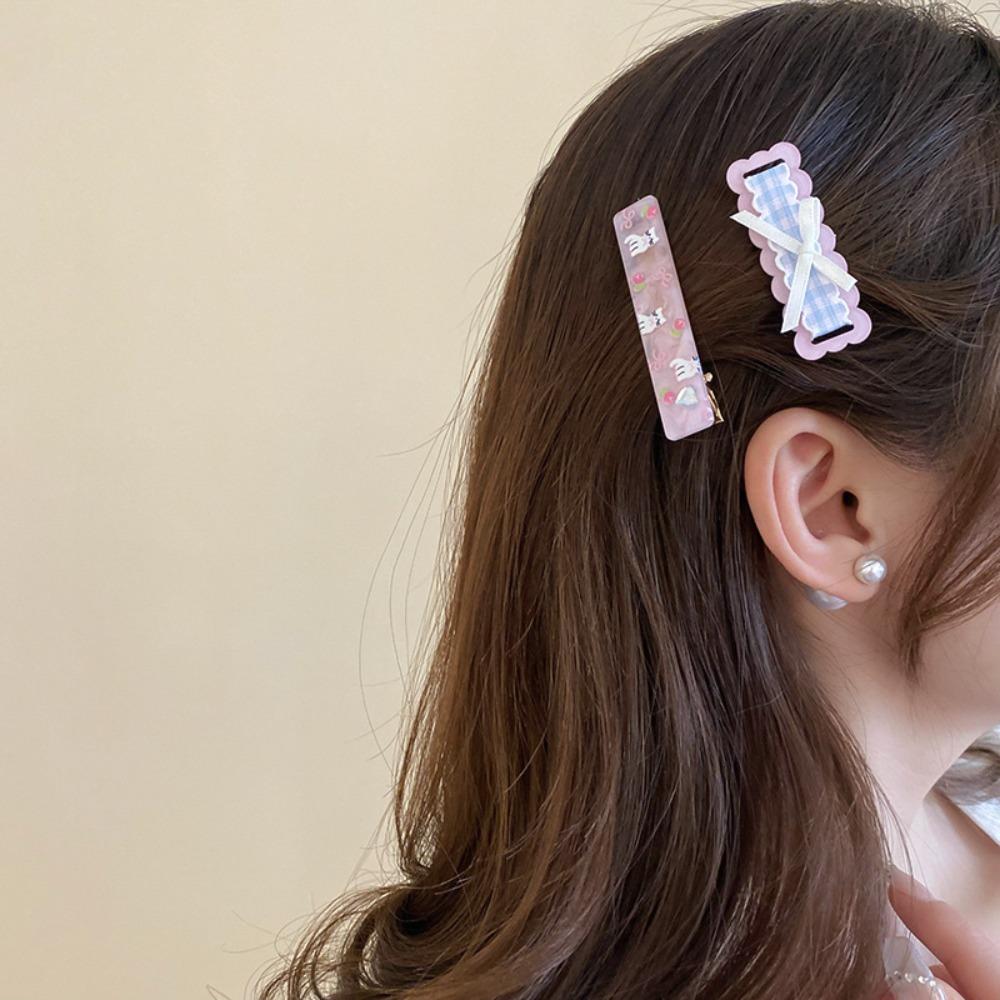 2Pcs/set Barrettes Cartoon Cat Hairpin Korean Style Korean Hair Clip Bow Plaid Hair Clip  Holiday