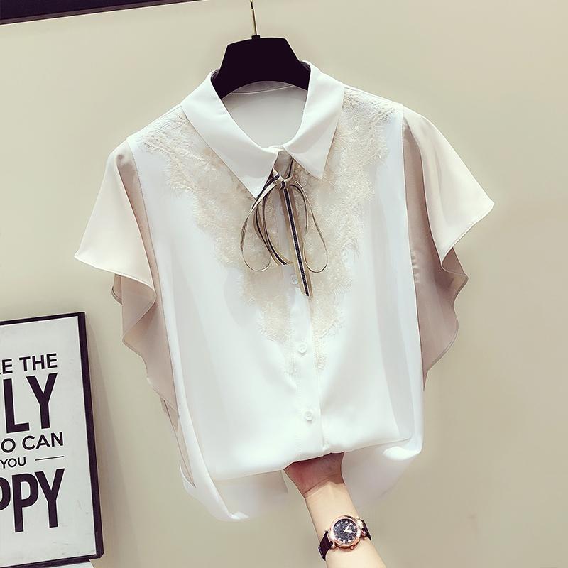 

Женская одежда Корейский пэчворк Элегантная кружевная рубашка для работы Однобортная Летняя Повседневная Рукав-бабочка Лацкан Блузка XXL абрикосовый