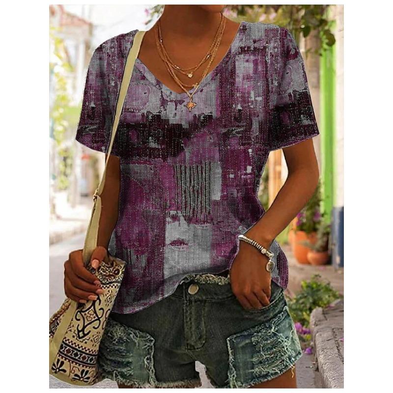 Summer V-neck 3D Retro Ethnic Style Printed Top Fashionable Casual Short Sleeved Women's T-shirts