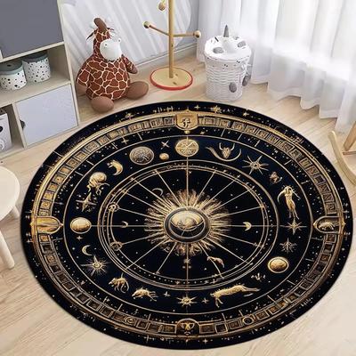 Black Gold Celestial Round Rug with Sun Moon Stars Zodiac Constellation Pattern Mystical Bohemian Style Carpet for Home Decor