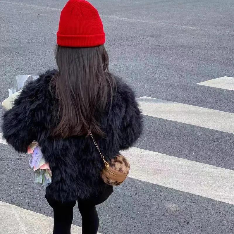 Autumn Winter Children's Fur Coat Girls Versatile Baby Solid Color Round Neck Fur Top Round Collar