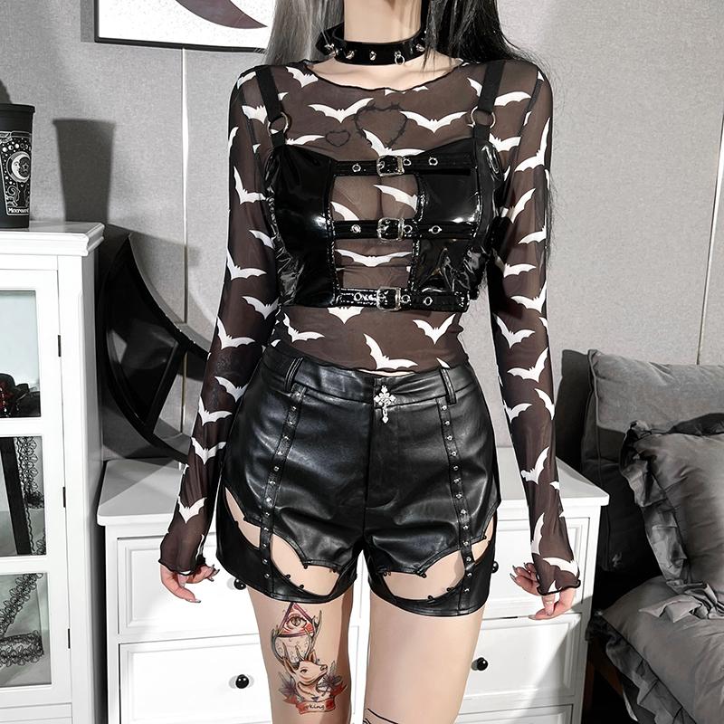 Gothic See Through Mesh Bat Long Sleeve T-Shirt Fairy Grunge Elegant Fungus Edge Basic Tee Elf Girl O-Neck Dress Up Top
