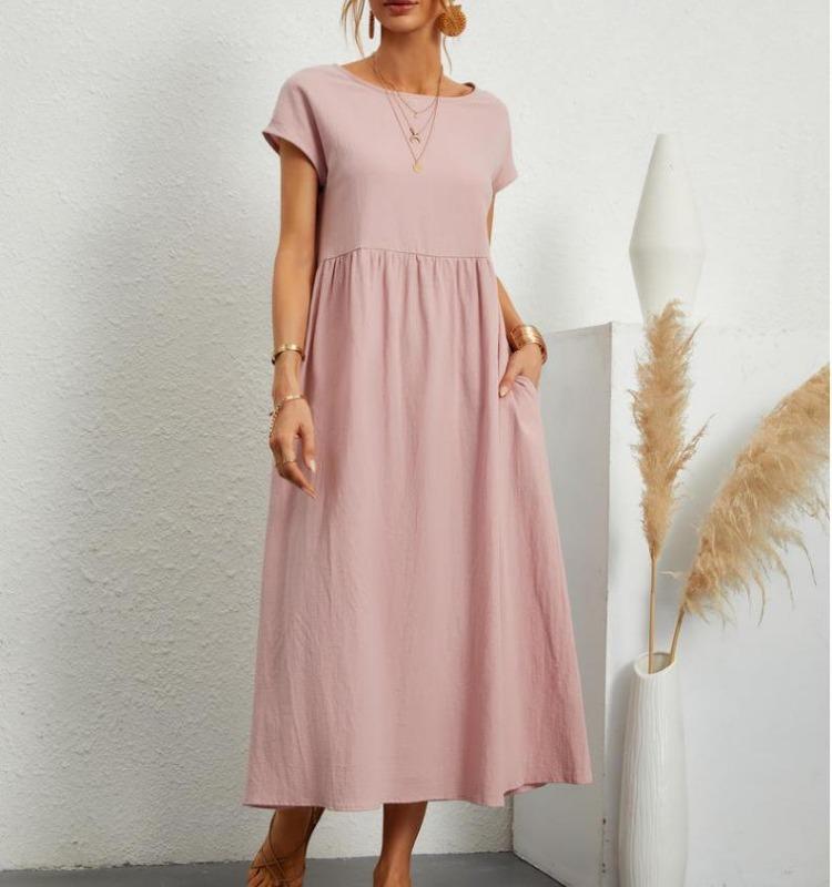 Summer Women Casual Loose Fit Sleeveless Cotton Linen Dress Solid Color Pocket