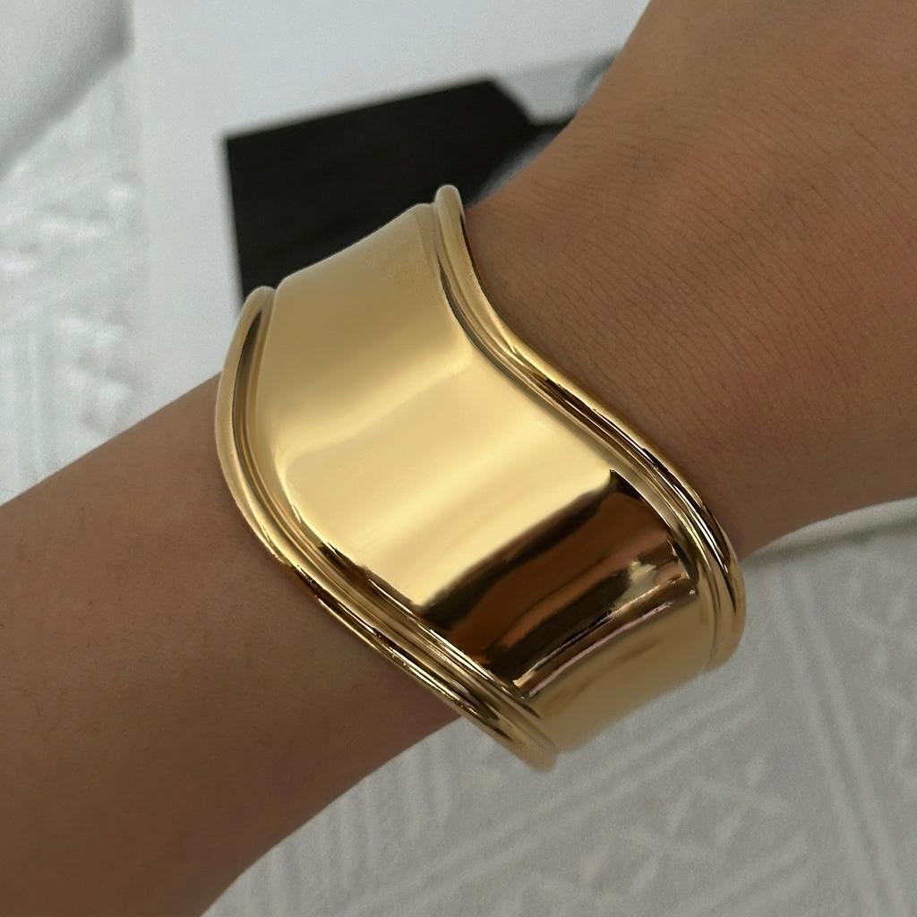 Exaggerated Punk Irregular Wide Cuff Bangle for Women Stainless Steel Gold Color Geometric Bangle Stackable Trendy Jewelry