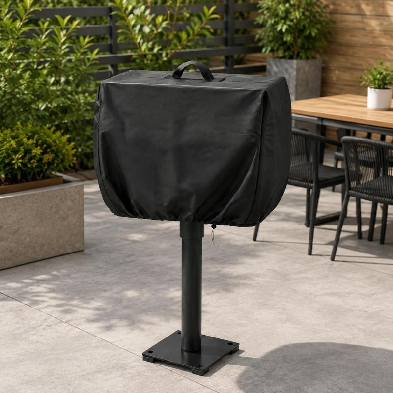 Barbecue Cooker Cover with Drawstring, Fastening Bands, and Top Carry Handle for Convenient Coverage and Handling Between Cooking