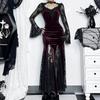 GlowGirl AltGoth Aesthetic Gothic Midi Dress Women Vintage Elagnt Lace Patchwork See Through Flare Sleeve High Waist Clubwear Dress Femme