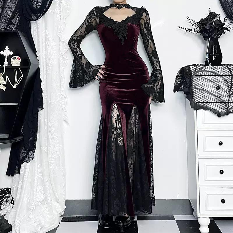 GlowGirl AltGoth Aesthetic Gothic Midi Dress Women Vintage Elagnt Lace Patchwork See Through Flare Sleeve High Waist Clubwear Dress Femme