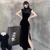 Velvet Black Retro Cheongsam with Slit - Long Chinese Style Dress