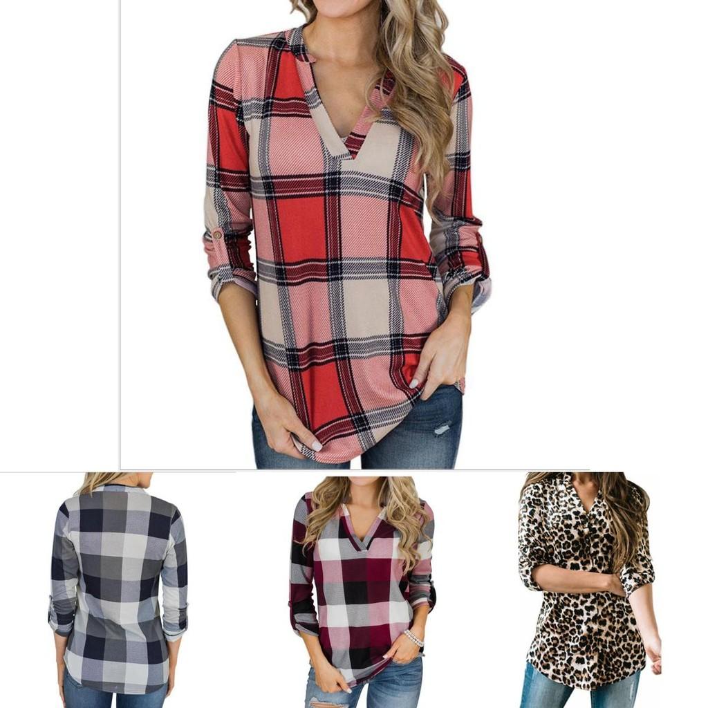 Women Vintage V-neck Loose Tops Long Sleeve Stylish T-shirt With Plaid Casual Design
