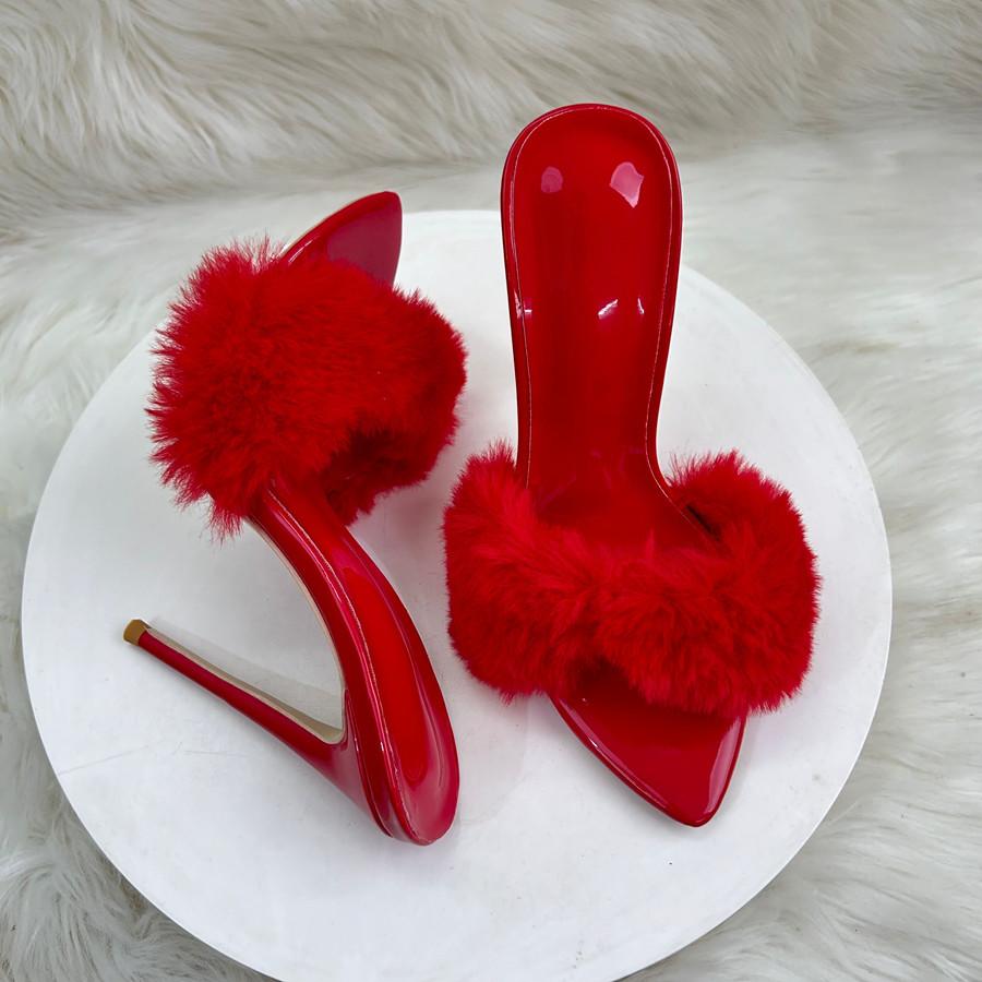 Super High Heels Summer Women Slippers Fur Pointed Toes Slip On Slides High Heels 12cm Sexy Women Sandals 33-45