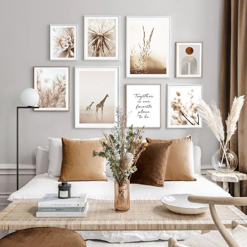 Naturlandschaft Nordisches Poster und Druck Beige Giraffe Strand Pflanze Botanische Kunst MalereiLeinwand Modernes Wandbild Wohnkultur