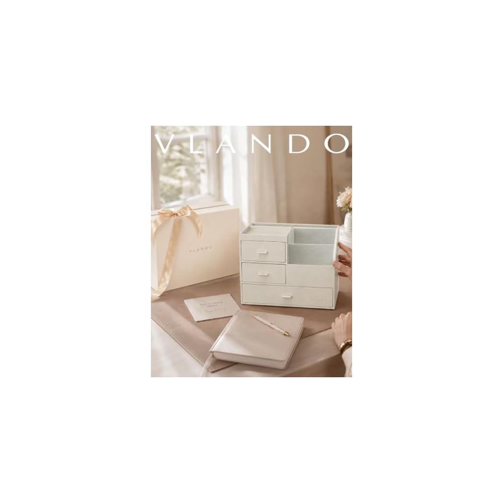 VLANDO Desk Organizer, PVC Leather, Three Drawers, Small Item Storage, Cosmetic Storage, Office,