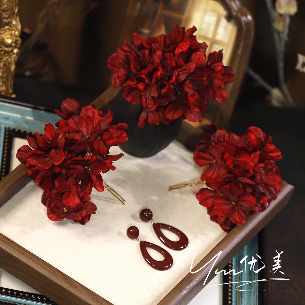 Retro Wine Red Fabric Flower Bridal Hairpin - Classical Chinese Style Headpiece