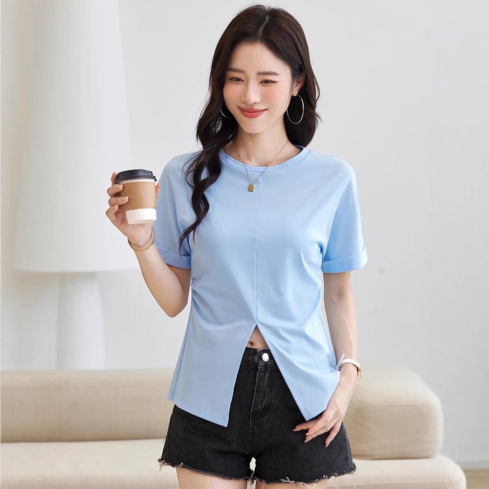 1980s Inspired Mercerized Cotton Crop Top with Rolled Sleeves and Slit Design