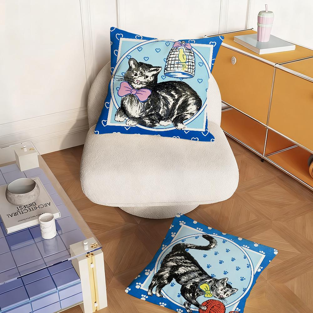 Vintage Cat and Canary Pillow Case Bedroom Sofa Living Room Backrest Decoration Square Cushion Nap Time