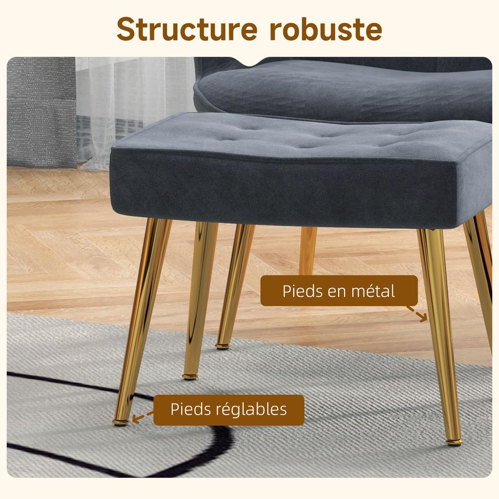 Armchair with Footrest, Upholstered Lounge Chair, High Back, Gold-Tone Steel Legs, Velvet, Dark Gray