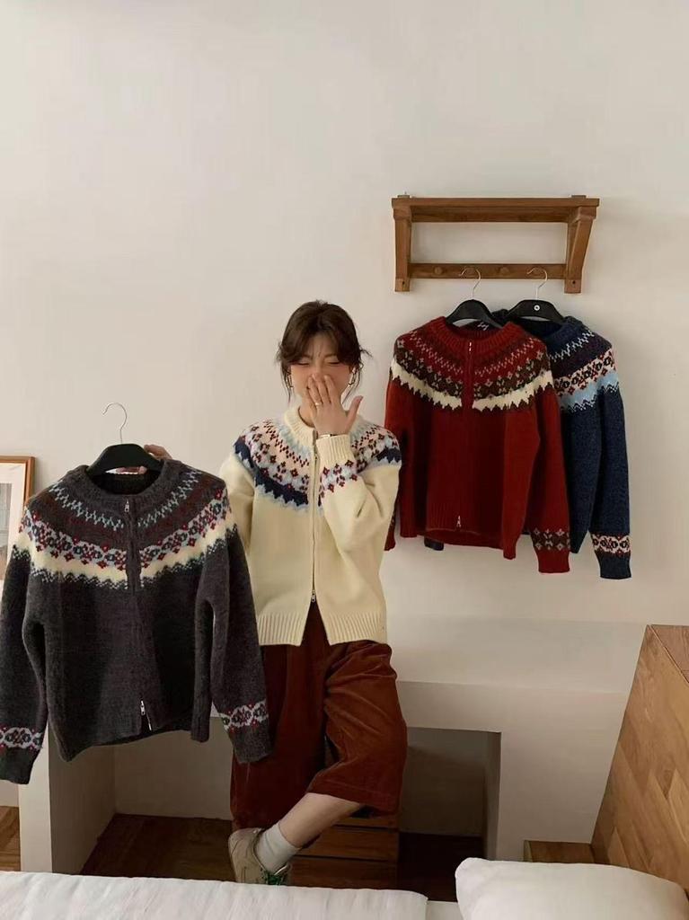 Women's Retro Fair Isle Zipper Cardigan - Autumn/Winter Loose, Casual, Slimming Knit Sweater