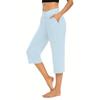 Women Elastic High Waist 3/4 Pant Casual Fit Wide Capris Leg Pants Trousers With Pockets