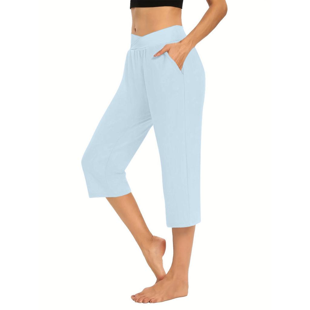 Women Elastic High Waist 3/4 Pant Casual Fit Wide Capris Leg Pants Trousers With Pockets