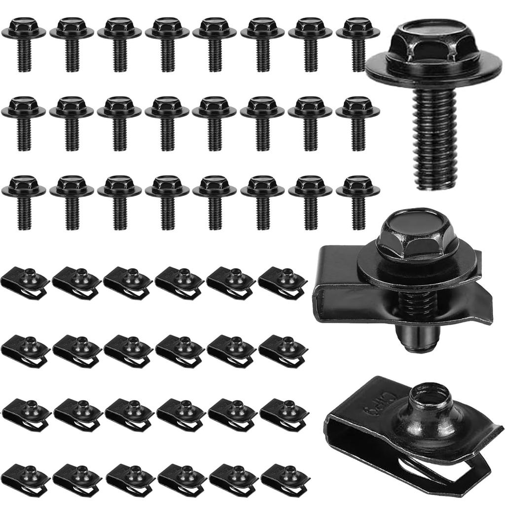 M6-1.0 Body Bolts & U-Nut Clips Kits,Hex Head Automotive Body Fender Bolts Kit Replacement for Most Cars Engine Cover and Bumper Fender Liner (30)