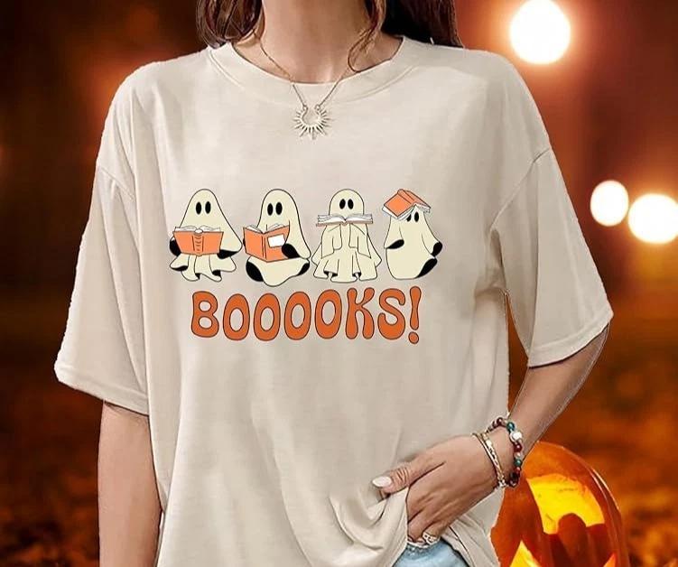 Halloween Shirts Oversized Ghost Reading Books T-Shirt Cute Spook 2XL