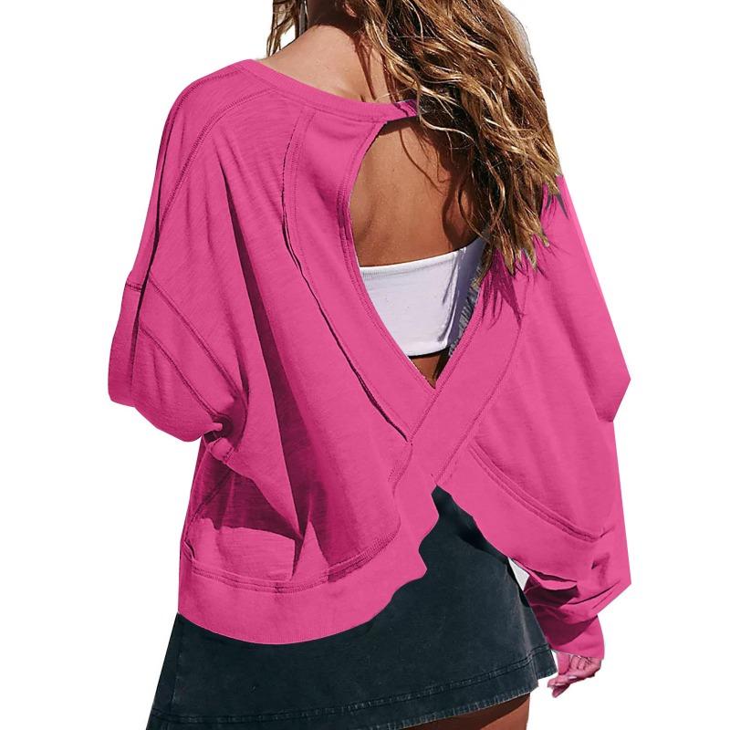 Women's Loose Long Sleeved Backless Women's Top Age Reducing Hollow Out Short Round Neck Women's T-shirt