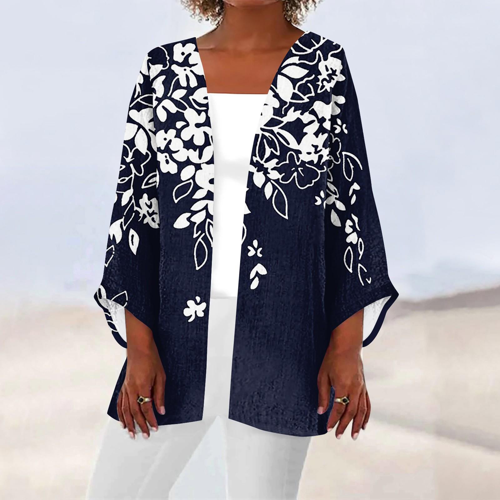 

Женская повседневная модная винтажная легкая куртка средней длины с графическим принтом, кардиган M тёмно-синий