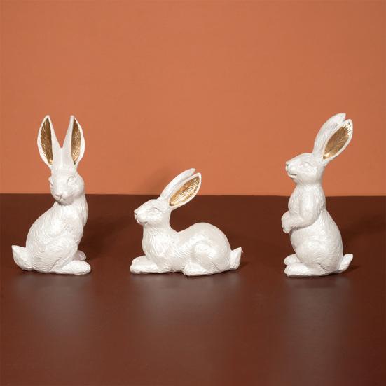 Yousheng 3 Pcs Easter Bunny Figurine Cute Resin/Flocking Rabbit Statue for Spring Farmhouse Tiered Tray Table Mantel Centerpiece