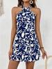 Halter Neck Flower Print Dress Lace Up Ruffle Edge Backless Dress Sleeveless Chiffon Dresses Causal Women Dress