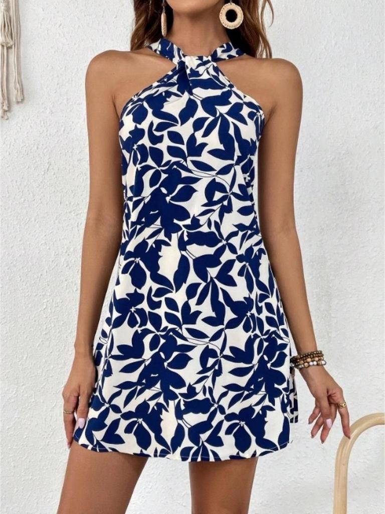 Halter Neck Flower Print Dress Lace Up Ruffle Edge Backless Dress Sleeveless Chiffon Dresses Causal Women Dress