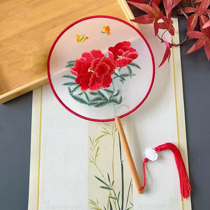 Vintage Doppelseitiger Fächer Blume Stickerei Handfächer Traditionelle Chinesische Kunst Handwerk Hanfu Tanzparty Zubehör Performance Requisiten