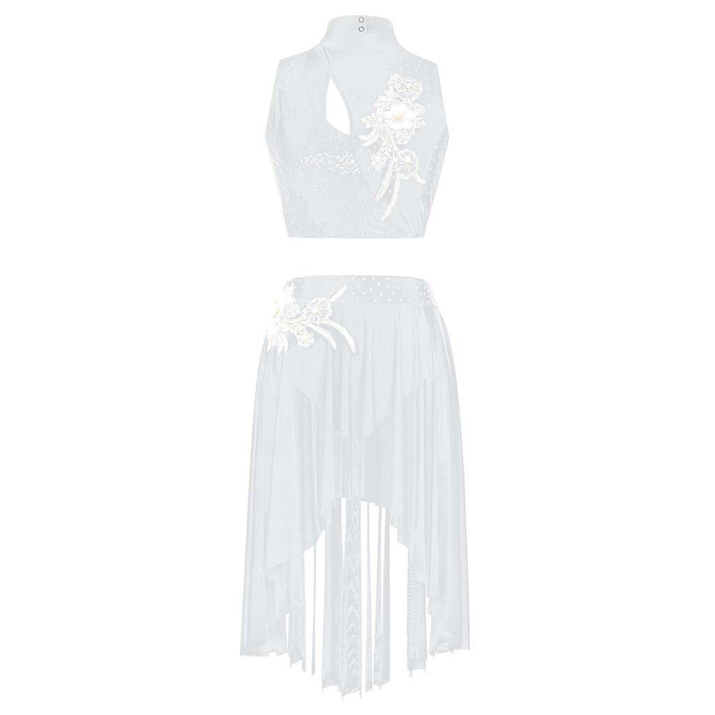 Womens Lyrical Dance Outfits Sleeveless Hollow Out Crop Top Irregular Mesh Hem Briefs Skirt Applique Dancewear Set