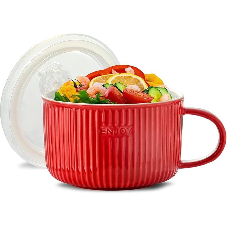 Керамическая суповая миска с ручкой и крышкой, Миска для рамена, Суповая кружка с крышкой, подходящая для микроволновой печи, Большая миска для хлопьев для рамена и лапши быстрого приготовления, Белая